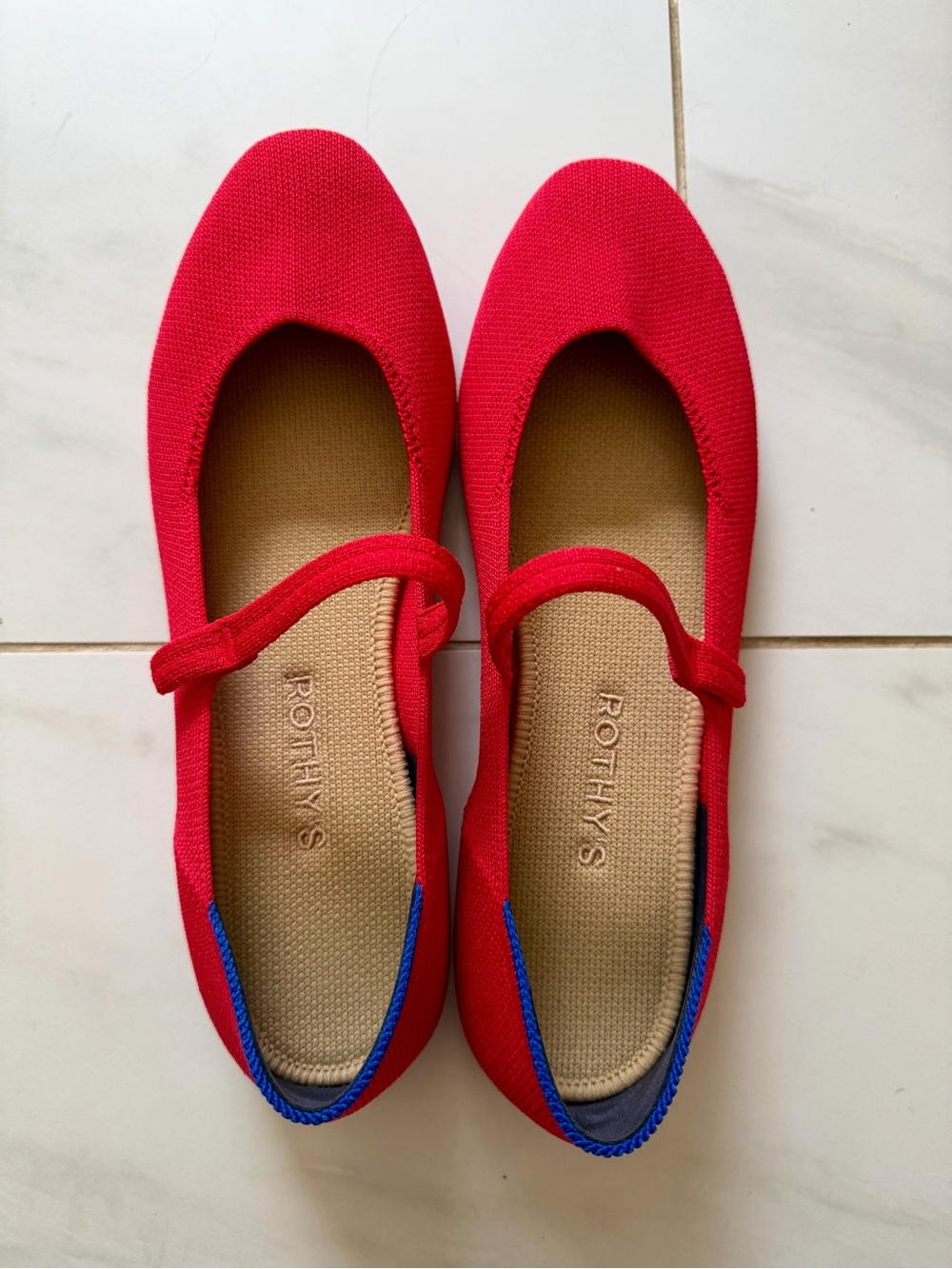 Rothy's Red Mary Jane Flats with Blue Heel Trim